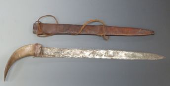 African goat horn handled short sword with 45cm blade and leather scabbard