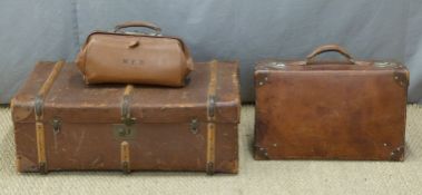 Ash bound trunk leather case and a Gladstone bag. Largest 81 x 50cm