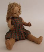 Dean's Rag Book cloth doll with pressed moulded face, painted features, blonde hair and tartan