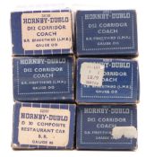 Six Hornby Dublo 00 gauge model railway D12 coaches, all in original boxes