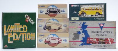 Six Corgi diecast model buses and bus sets including Routemasters In Exile, AEC, Leyland etc, all in