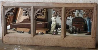 Victorian carved oak Gothic Revival triptych mirror/window frame, 71x150cm