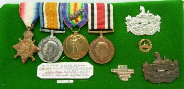British Army WWI medals comprising 1914/1915 Star, War Medal and Victory Medal with oak leaf emblem,