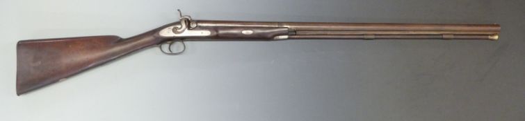 12 bore percussion muzzle loading shotgun with engraved lock, hammer, trigger guard and top plate,