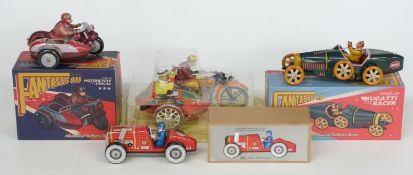 Four Fantastic & Co and similar clockwork tinplate model vehicles including motorbike and sidecar,