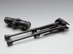 Japanese red-dot rifle scope together with a Hush Stalker folding rifle bi-pod.