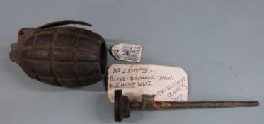 British WWI inert Mills bomb No23 MKII 'pineapple' grenade with attachment for an SMLE rifle, 24cm
