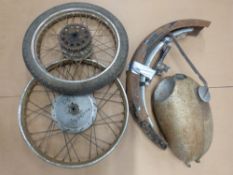 Two motorcycle wheels, one DOT Gramicia, together with mudguards and a steel fuel tank