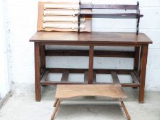 Teak table W116cm and a shelf unit.