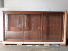 Large oak shop fitting or haberdahsery display cabinet with sliding glass doors, W355 x D50 x
