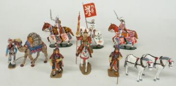 Ten King & Country model soldiers and figures including medieval knights, Arabian man with a camel