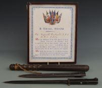 Police truncheon, bayonet and framed certificate