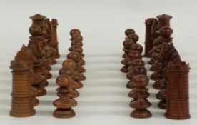 An early English antique rosewood and boxwood monoblock chess set, c1800, height of King 9.5cm