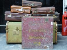 An ash bound trunk and a collection of vintage leather cases, together with a vintage Breathing