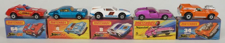 Five Matchbox Superfast diecast model cars 4,5,8,34 and 64, all in original boxes