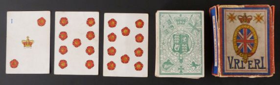 Possibly C.W. Faulkner England V.R.I. E.R.I. playing card game. Four sets of 13 cards. Suits of