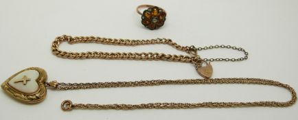 A 9ct gold bracelet, 3.2g 8cm drop, 9ct gold chain 2g and a 9ct gold and silver ring.