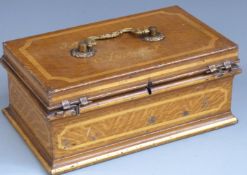 19thC Japanned wood effect steel cigar box/humidor with ornate brass handle, width 27cm
