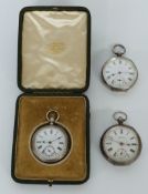 Three silver pocket watches including one keyless winding in H W Bedford box and Kay's Famous Lever,