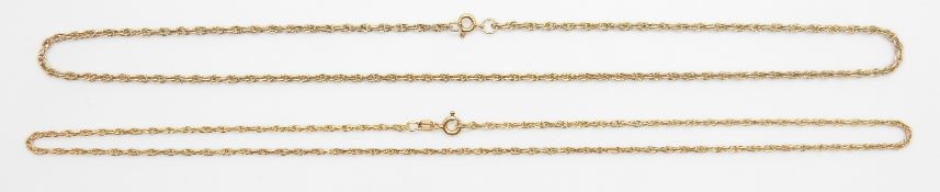 Two 9ct gold necklaces, 5.1g, 22cm drop and 3.1g, 22cm drop.