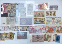 A collection of overseas banknotes etc, to include Polish, Russian, German, Notgeld, Chinese, Hell