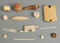 19thC ivory dance card/pencil set, Chinese ivory sewing vice, sewing items, tape measure, pin