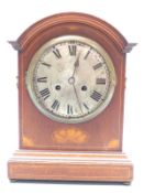 Inlaid mahogany shelf mantel clock with silvered Roman dial and two train movement by Philip Haas