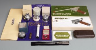 Collection of cigarette lighters including Match-o-matic, Parker cigar case, novelty presentation