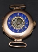 9ct gold ladies half hunter wristwatch with gold inlaid Arabic numerals to the blue enamel chapter