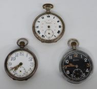 Three keyless winding open faced pocket watches including a Helvetia military watch marked 'G.S.T.P.