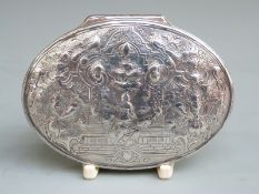 18th century hallmarked silver snuff box, the embossed baroque lid with enthroned figure opening