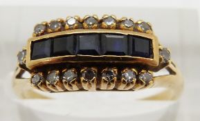 A yellow metal ring set with square cut sapphires and diamonds, 3.4g, size O