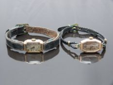 Two 9ct gold ladies wristwatches, both with Arabic numerals, silver dials and octagonal cases, on