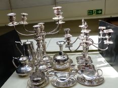 Quantity of silver plate including two pairs of three branch candelabra, height of tallest 47cm,