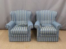 Pair of upholstered armchairs with blue stripes, H54 x W52 x D65cm