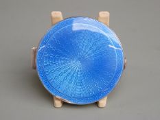 Art Deco hallmarked silver blue guilloché enamel topped compact with mirror to interior of lid,