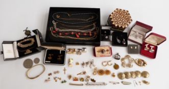 A collection of costume jewellery including earrings, brooches, cufflinks, silver necklace etc