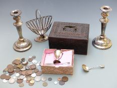 German carved wooden box, width 20cm, pair of Sheffield plate candlesticks, basket etc
