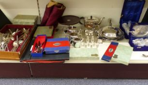 Collection of plated cutlery, cased sets, tea sets, tradesman's cutlery samples and hallmarked