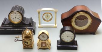 Six clocks to include slate drum cased Victorian Japy Freres example striking on a bell, a 19thC