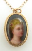 A 9ct gold necklace set with a porcelain portrait, 3.3g