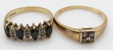 A 9ct gold ring set with diamonds and sapphires and a 9ct gold ring set with diamonds, 4.9g