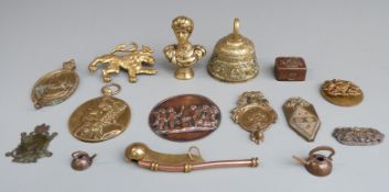 19thC and later brass and copper ware including cast plaque with lugs, Elizabeth I plaque, coin