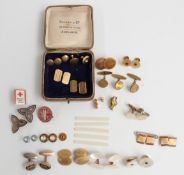 A pair of Krementz cufflinks, mother of pearl studs, 5 9ct gold studs (4.4g), a pair of 9ct gold