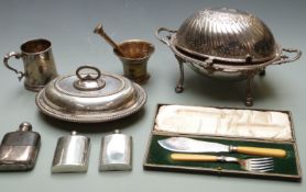 Quantity of silver plate including warming dish, bronze or similar pestle and mortar etc