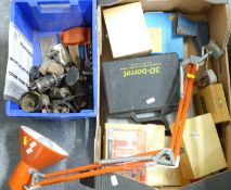 Large collection of cased and loose router and drill bits, anglepoise lamp etc
