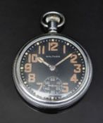 Waltham keyless winding open faced military pocket watch with inset subsidiary seconds dial,