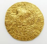 Edward IV (1461-70 and 1471-83) hammered gold half ryal, light coinage issue, York Mint, E in