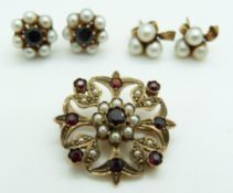Two pairs of 9ct gold earrings and a 9ct gold brooch set with garnets and pearls