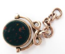 A 9ct rose gold swivel fob set with blood stone and agate, Chester 1892, 4.7g